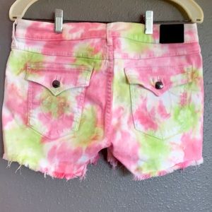 True Religion Pink & Green Tie-Dye Denim Shorts
